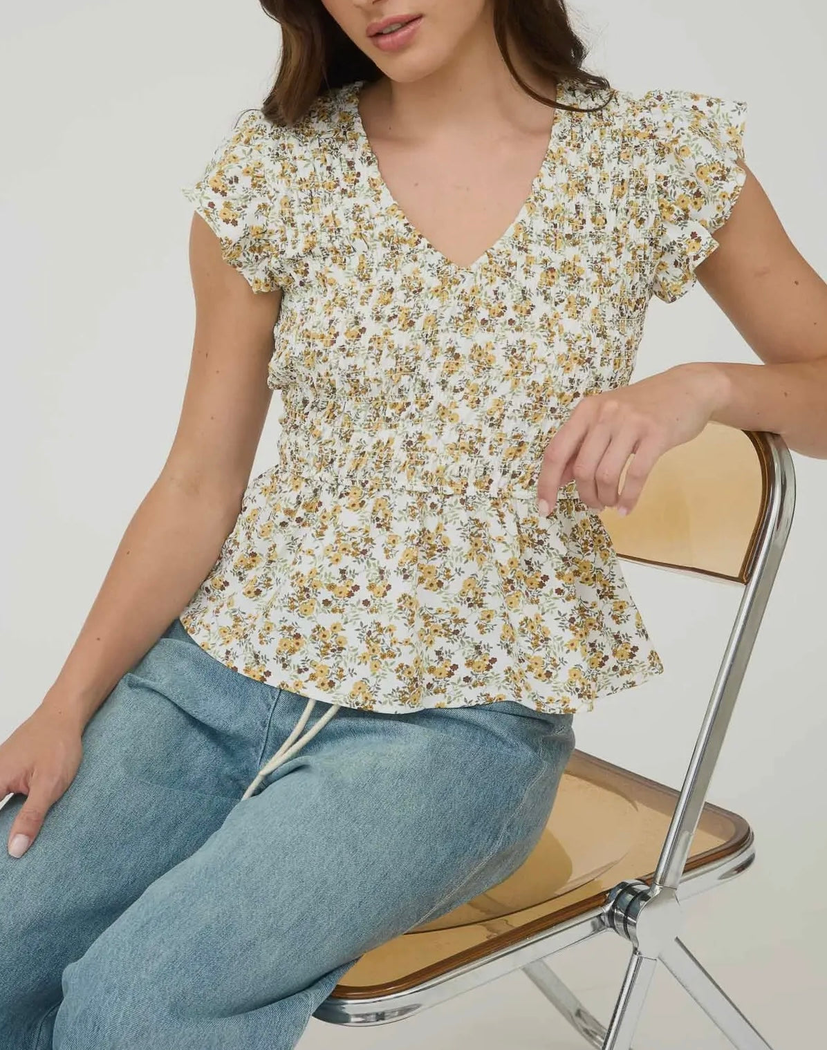 Floral Smocked V Neck