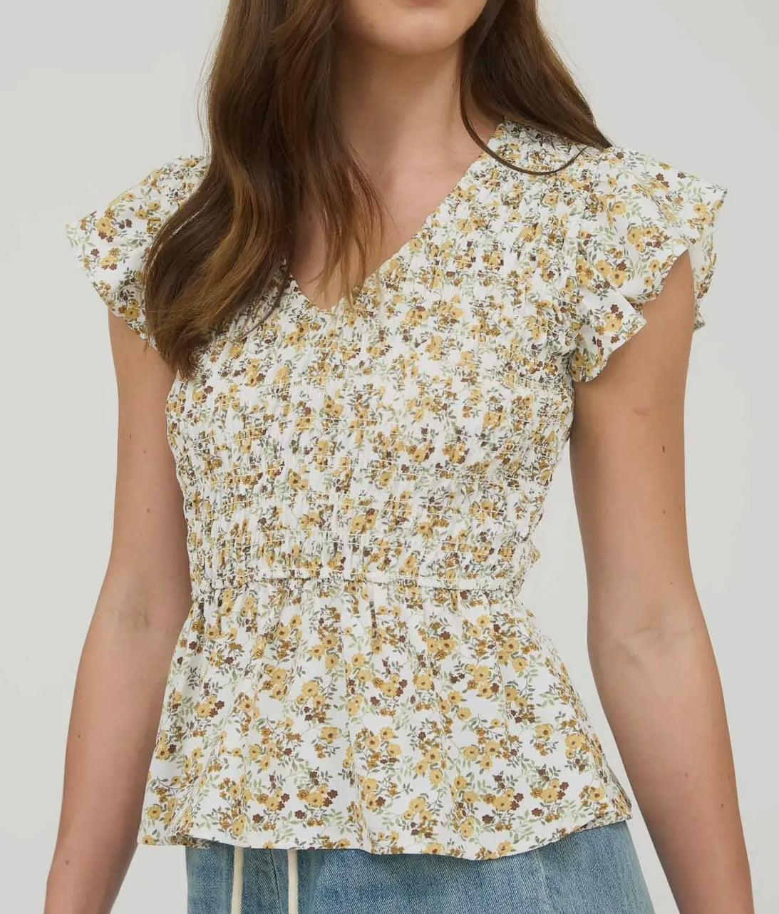 Floral Smocked V Neck