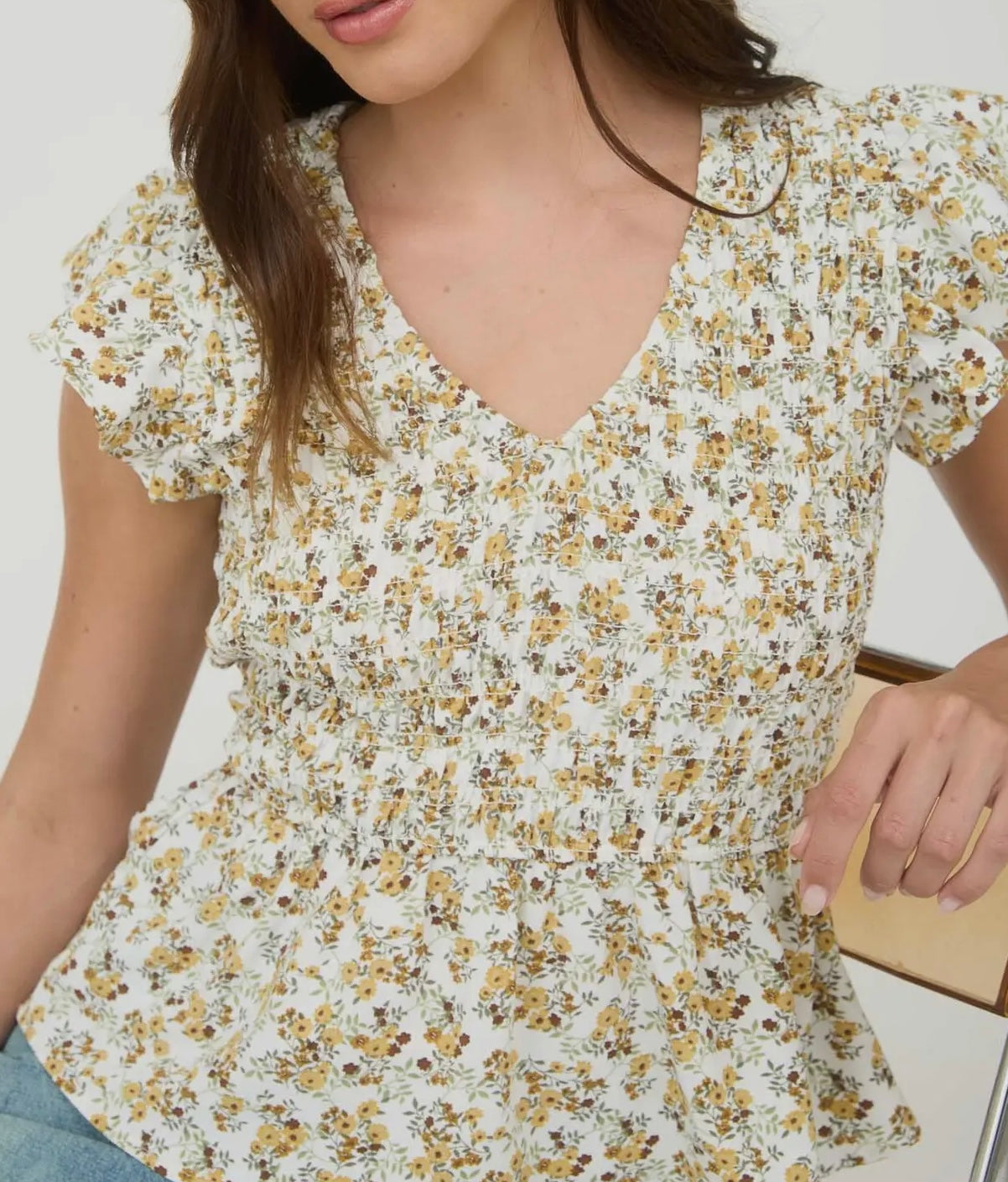 Floral Smocked V Neck