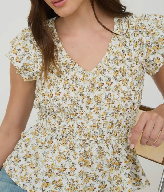 Floral Smocked V Neck
