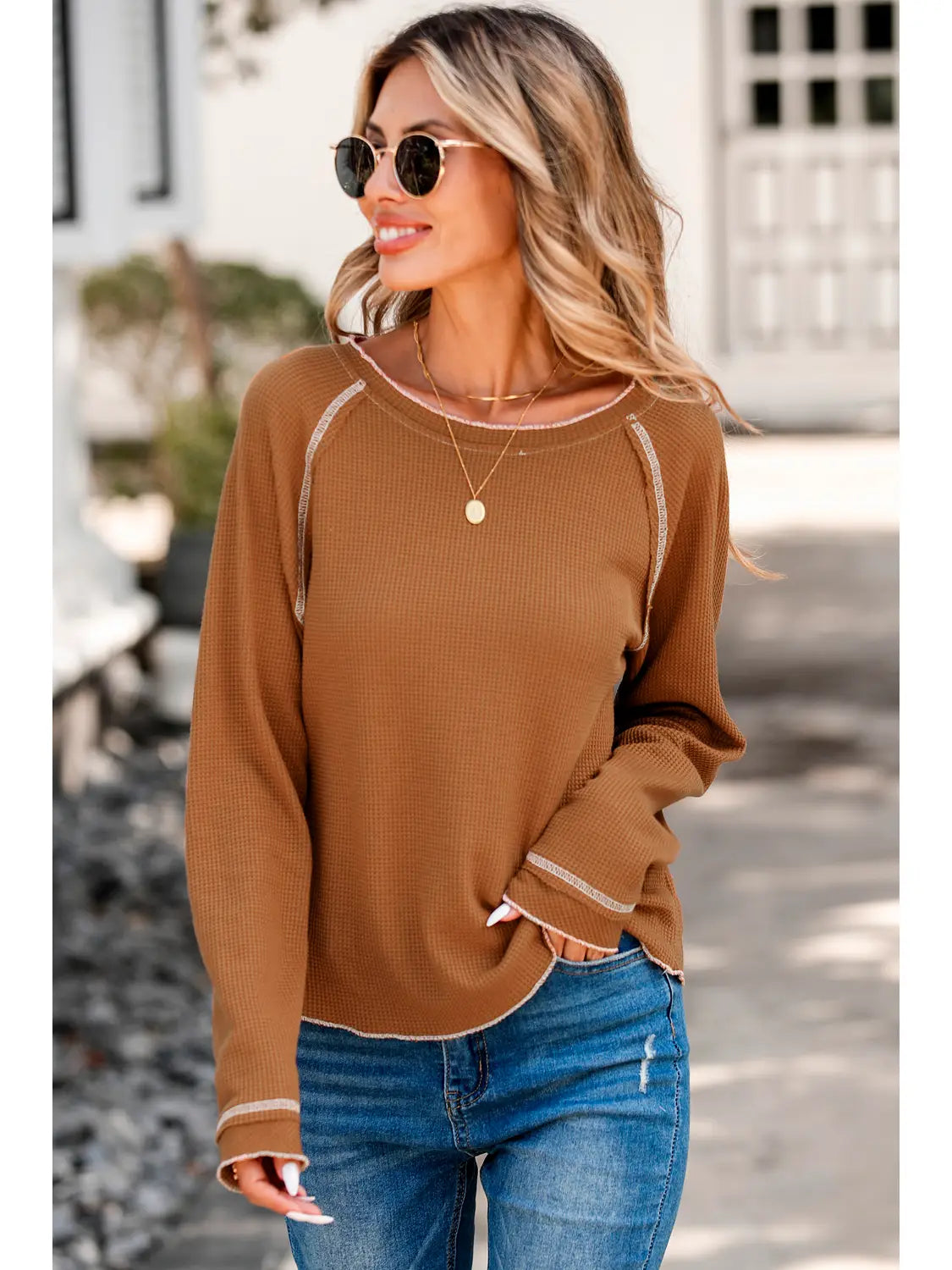 Textured Round Neck Long Sleeve Top